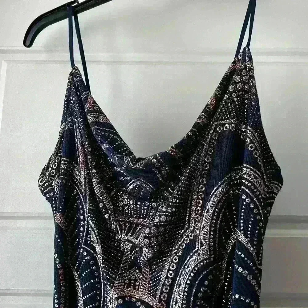 Navy and Rose Gold fitted dress with cowl neckline in women’s size small - Picture 2 of 5